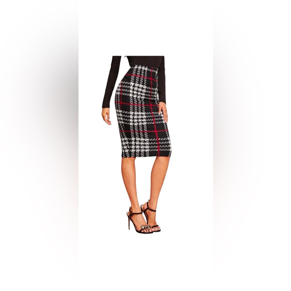 SHEIN Plaid Print High Waist Knee Length Bodycon Pencil Skirt. - Picture 8 of 11